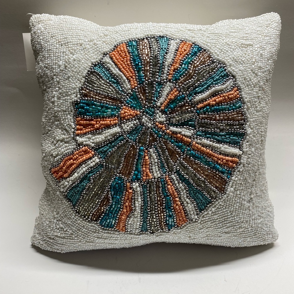 Coastal Collections Throw Pillow Beaded Seashell Abalone Peach Aqua 11 x 11